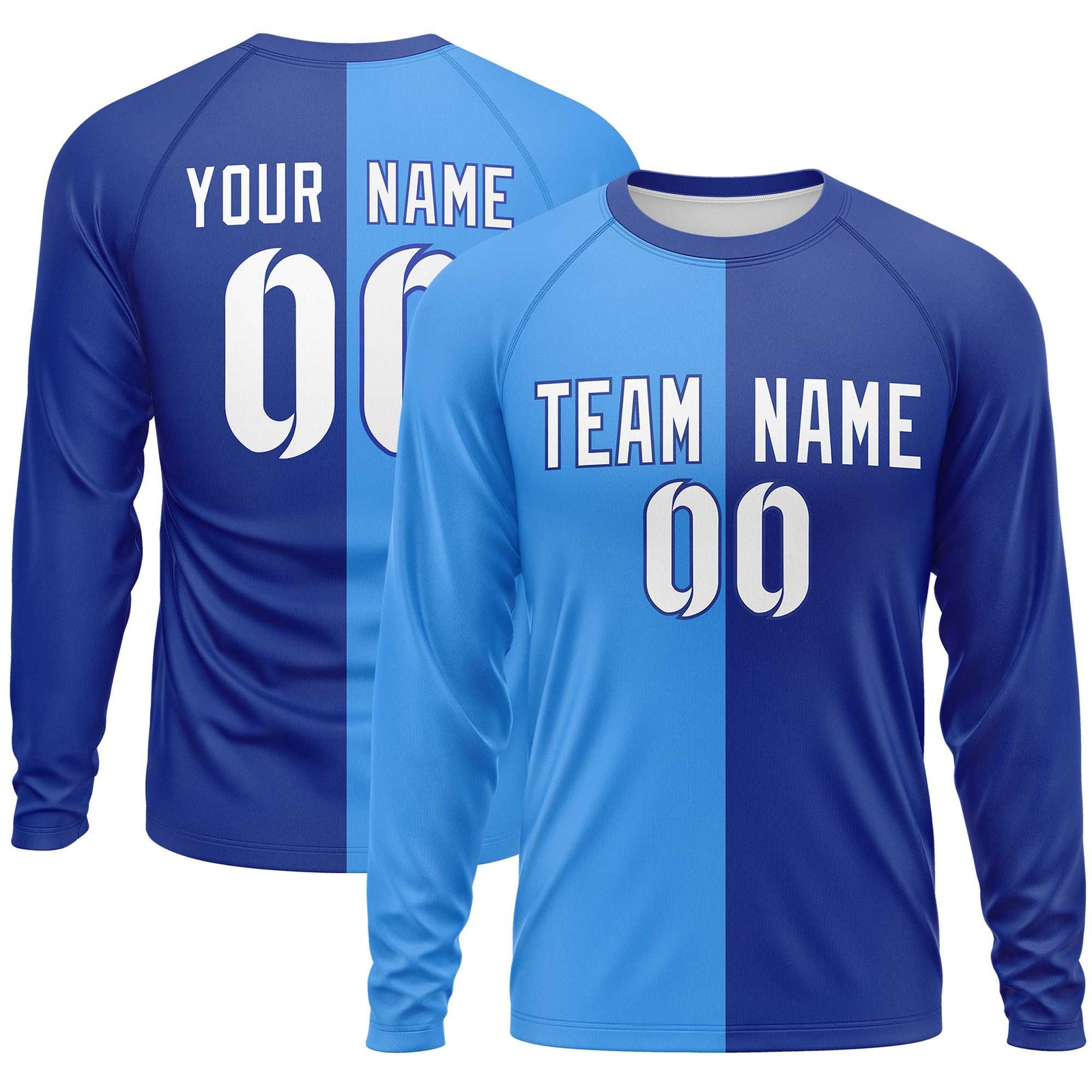 Custom Powder Blue Royal Neck Split Design Long Sleeve Performance T-Shirt