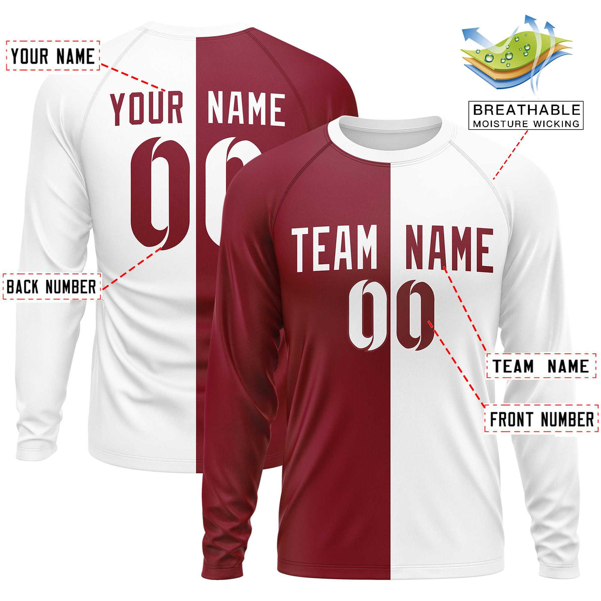 Custom Crimson White Neck Split Design Long Sleeve Performance T-Shirt