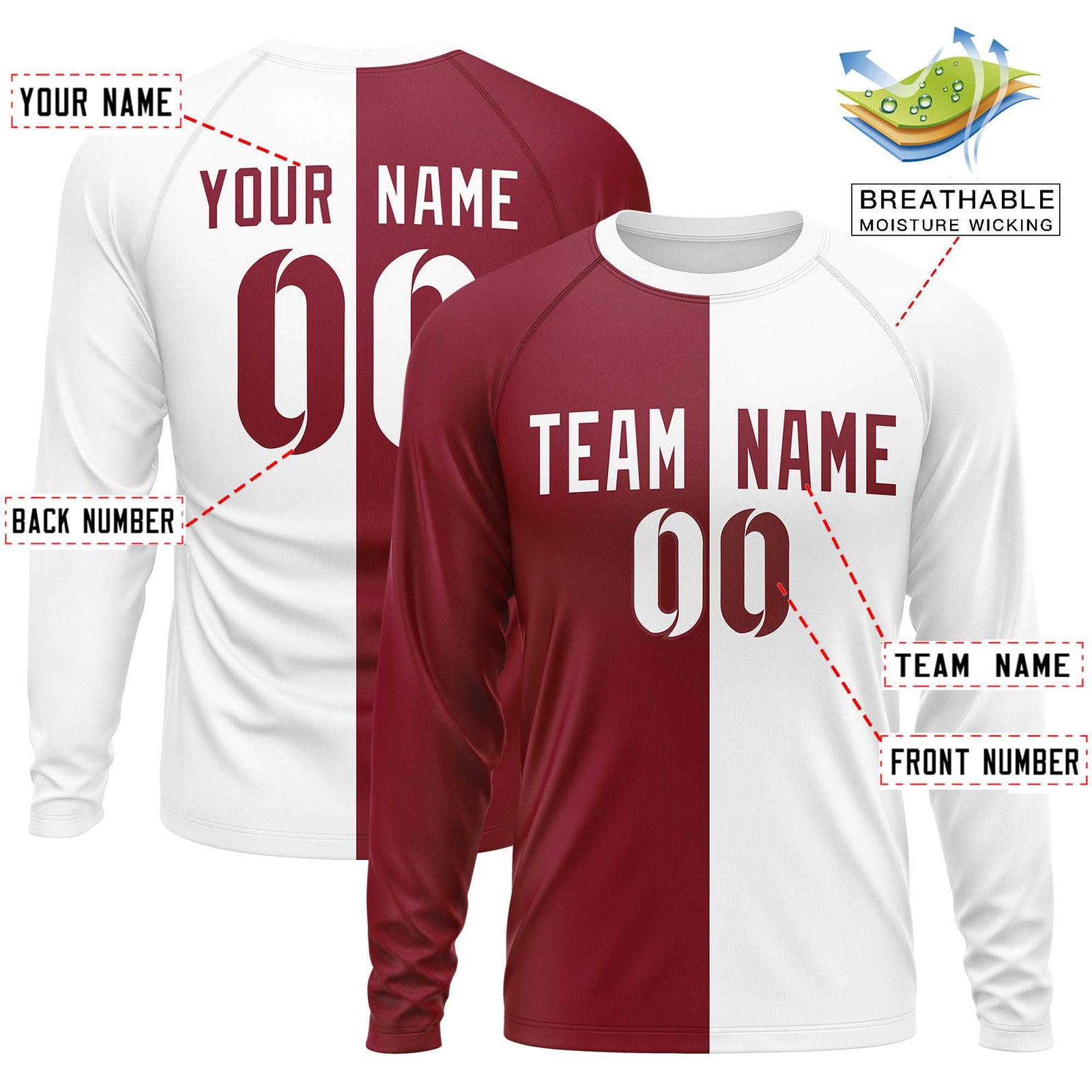Custom Crimson White Neck Split Design Long Sleeve Performance T-Shirt