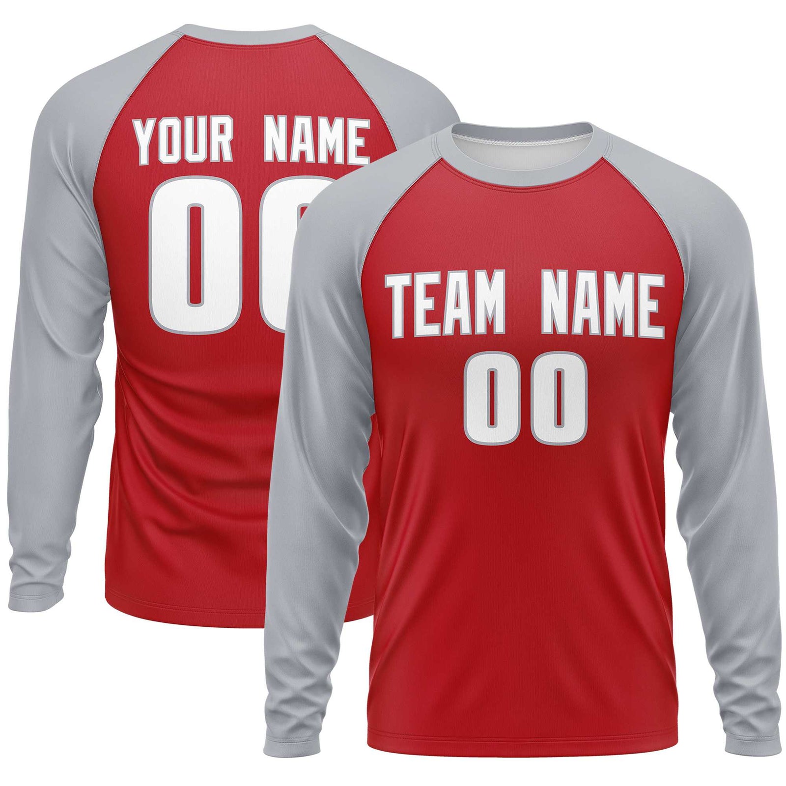 Custom Red Gray Crew Neck Split Design Long Sleeve Performance T-Shirt