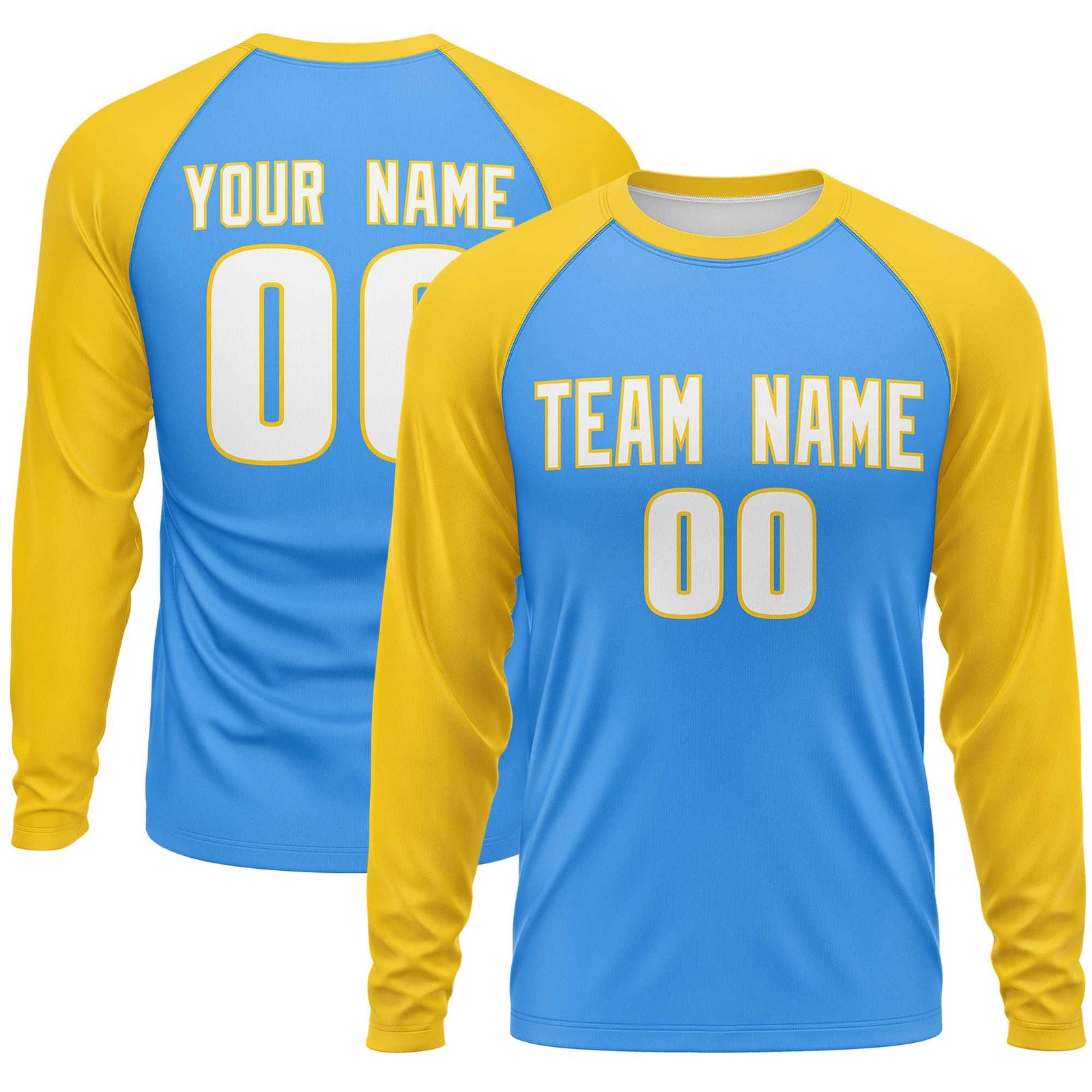Custom Powder Blue Gold Crew Neck Split Design Long Sleeve Performance T-Shirt