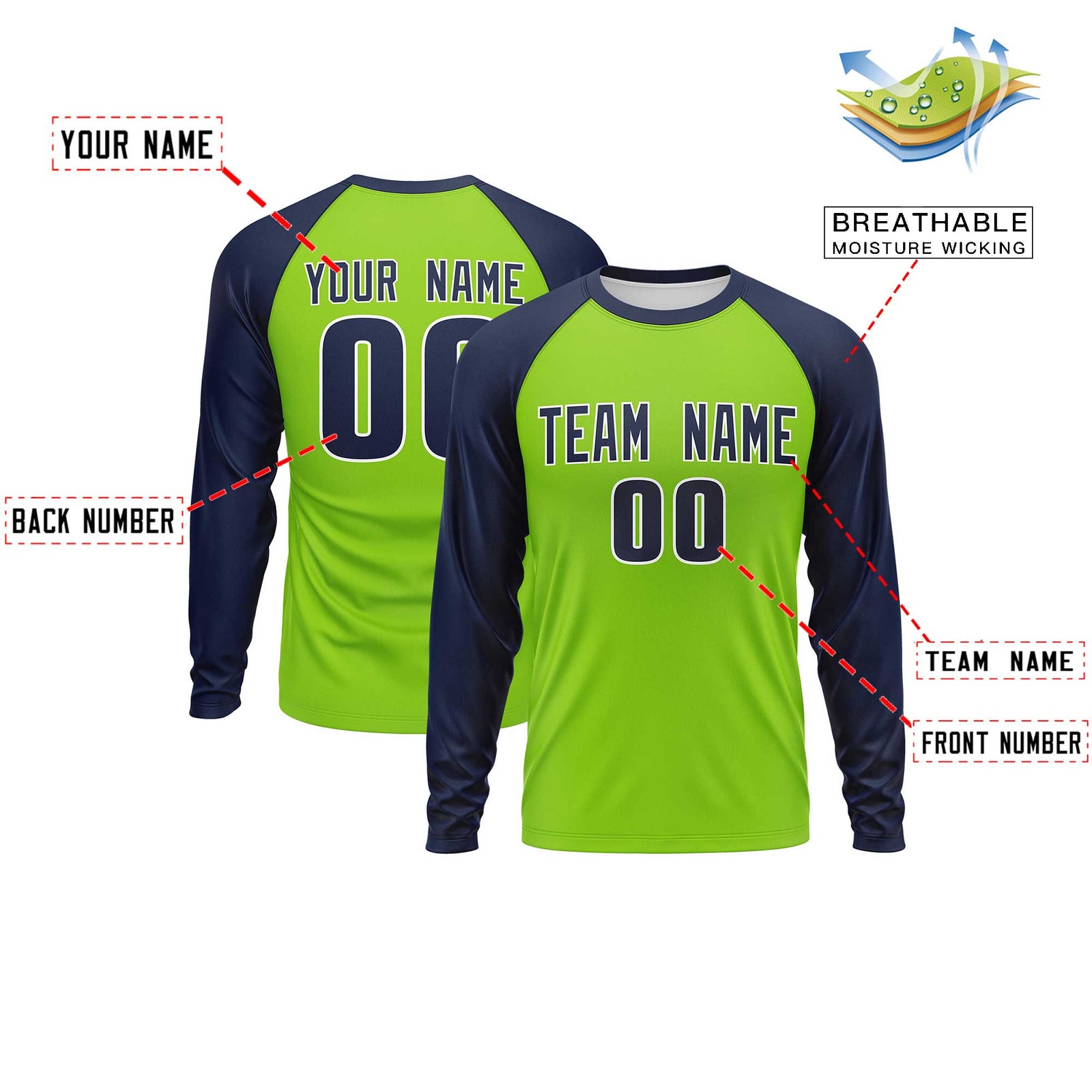 Custom Neon Green Navy Crew Neck Split Design Long Sleeve Performance T-Shirt