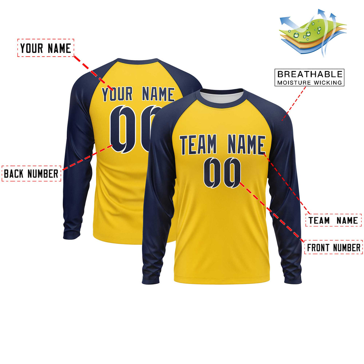 Custom Gold Navy Crew Neck Split Design Long Sleeve Performance T-Shirt