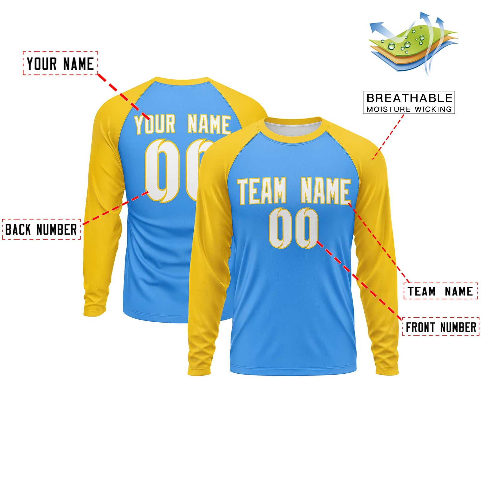 Custom Powder Blue Gold Crew Neck Split Design Long Sleeve Performance T-Shirt
