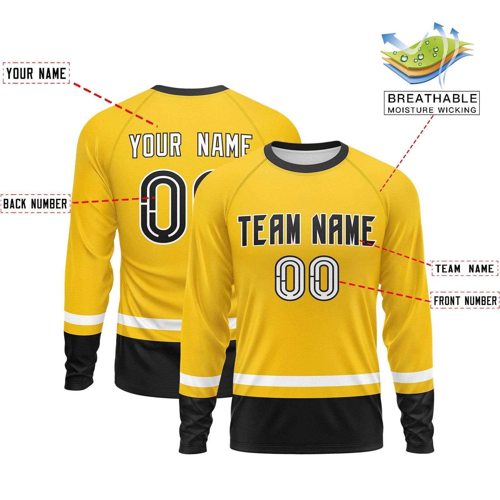 Custom Gold White-Black Color Block Design Long Sleeve Performance T-Shirt