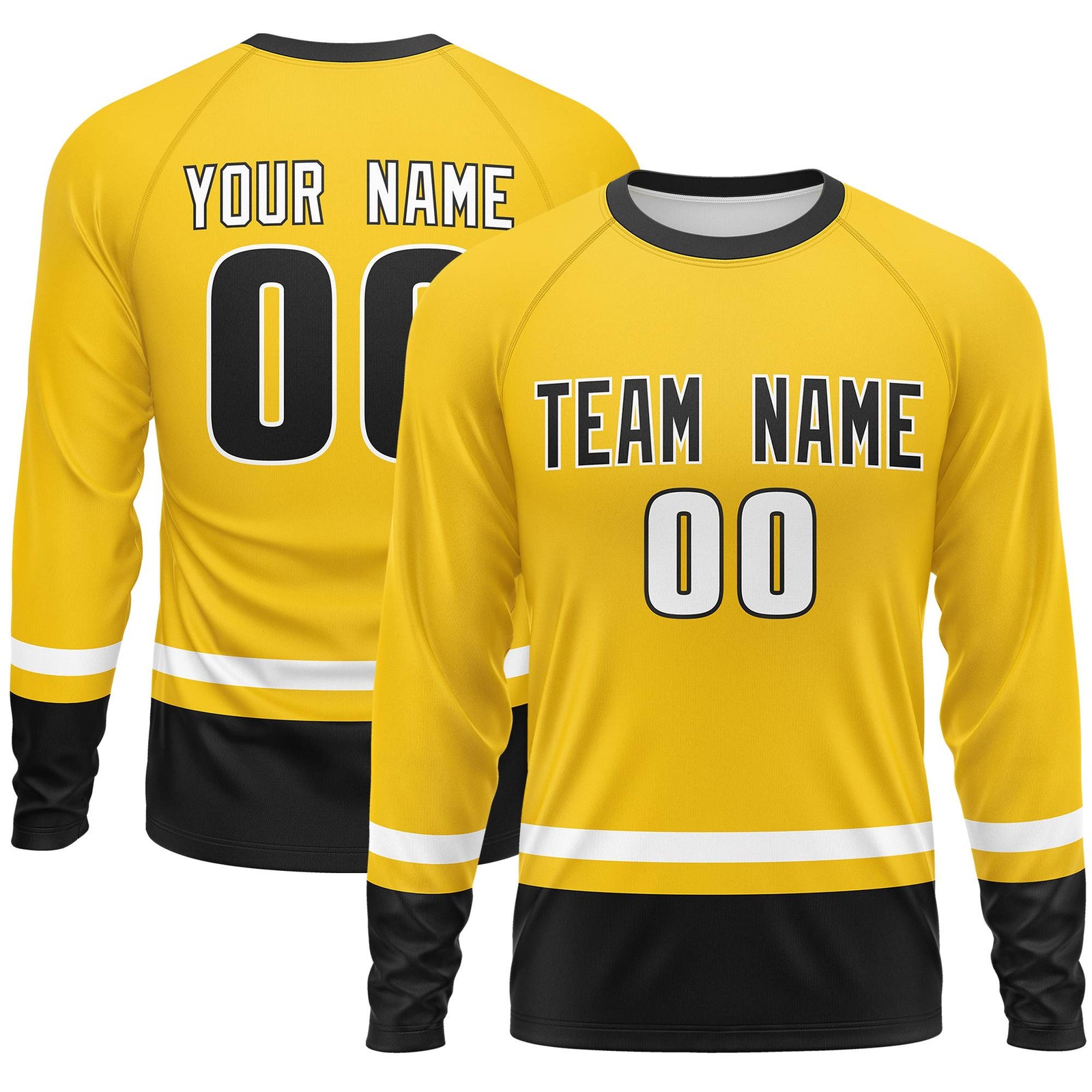 Custom Gold White-Black Color Block Design Long Sleeve Performance T-Shirt