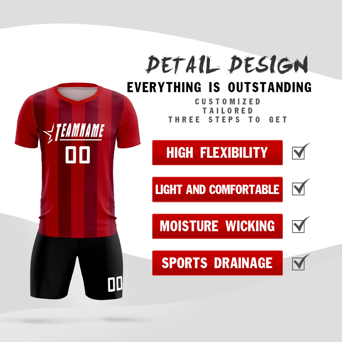 Custom Red Crimson Vertical Stripes Casual Outdoor Soccer Sets Jersey