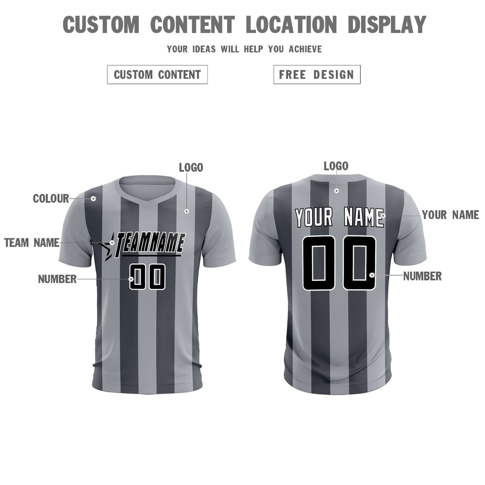 Custom Gray Dark Gray Vertical Stripes Casual Outdoor Soccer Sets Jersey