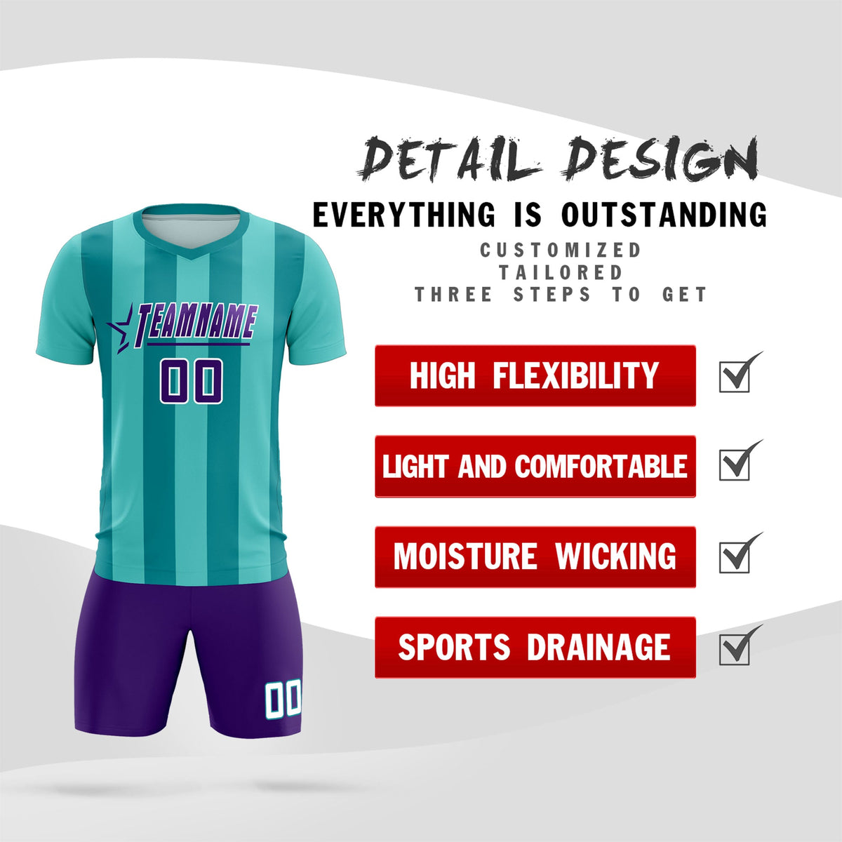 Custom Bright Green Aqua Vertical Stripes Casual Outdoor Soccer Sets Jersey