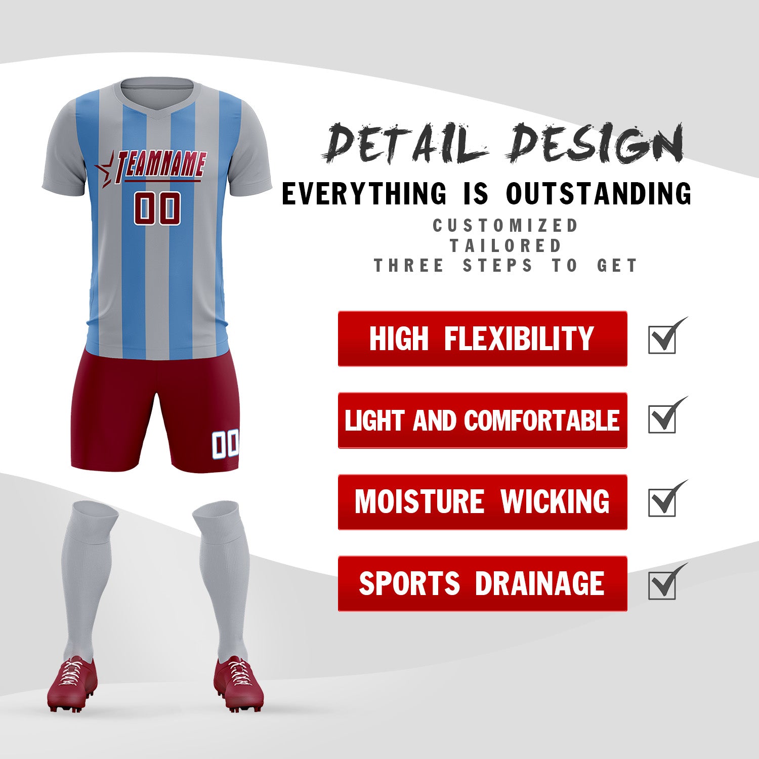 Custom Gray Light Blue Vertical Stripes Casual Outdoor Soccer Sets Jersey
