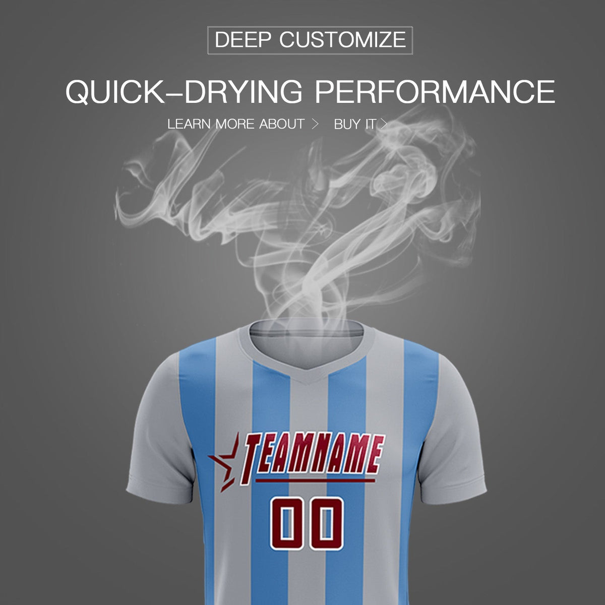 Custom Gray Light Blue Vertical Stripes Casual Outdoor Soccer Sets Jersey
