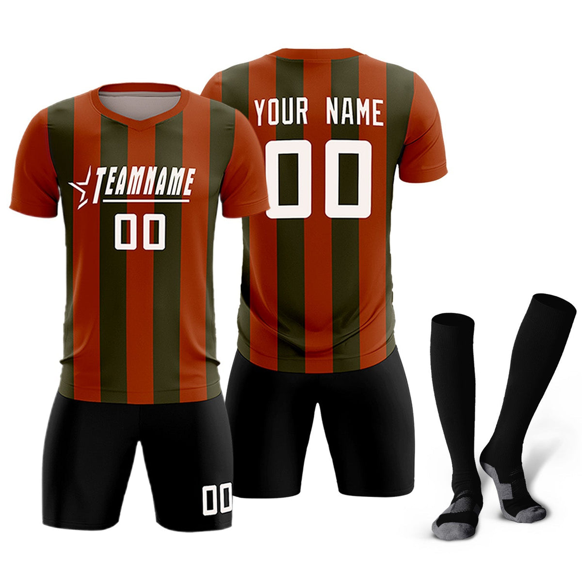 Custom Texas Orange Olive Vertical Stripes Casual Outdoor Soccer Sets Jersey