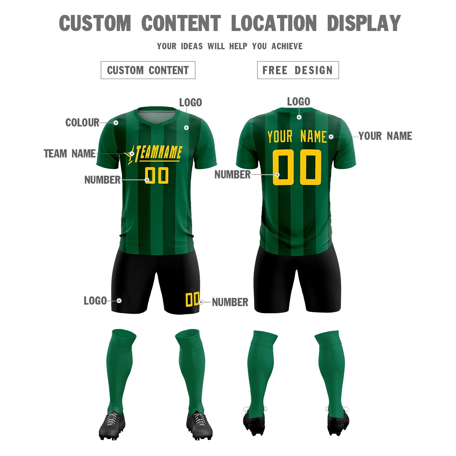 Custom Kelly Green Green Vertical Stripes Casual Outdoor Soccer Sets Jersey
