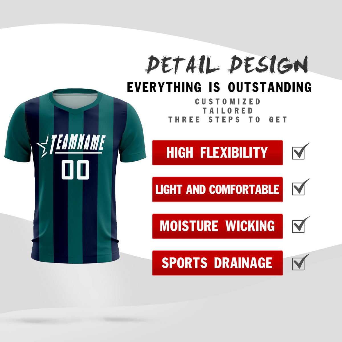 Custom Aqua Navy Vertical Stripes Casual Outdoor Soccer Sets Jersey