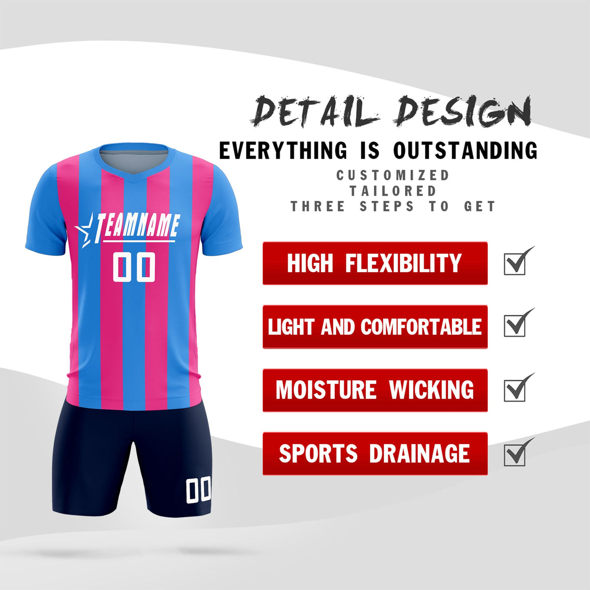 Custom Powder Blue Pink Vertical Stripes Casual Outdoor Soccer Sets Jersey