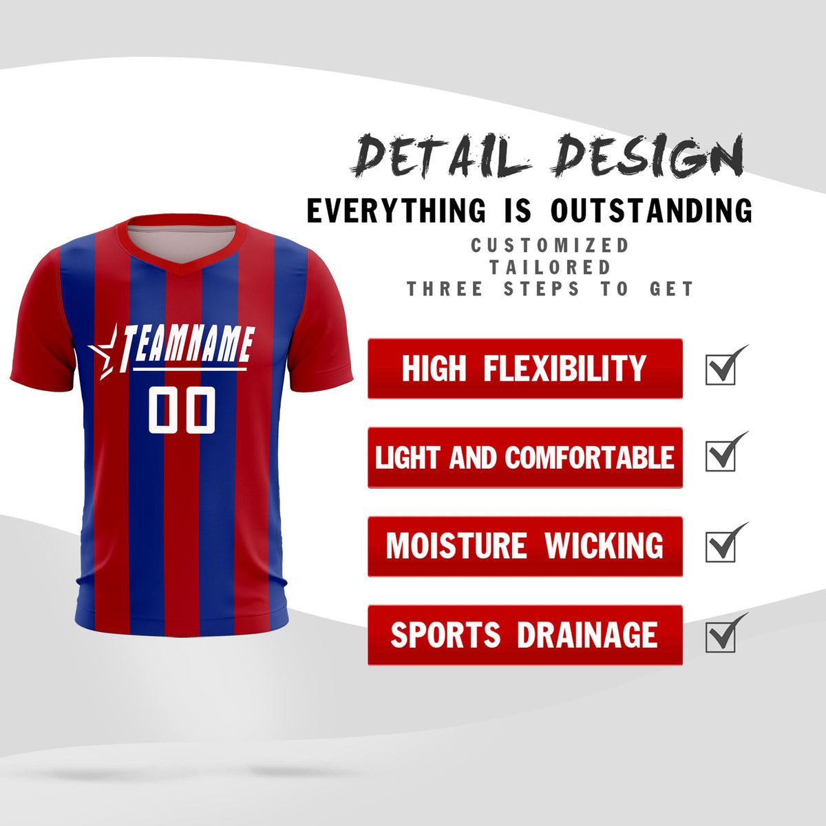 Custom Red Royal Vertical Stripes Casual Outdoor Soccer Sets Jersey