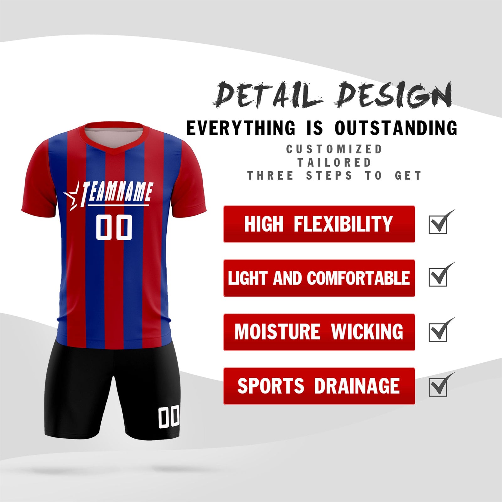 Custom Red Royal Vertical Stripes Casual Outdoor Soccer Sets Jersey