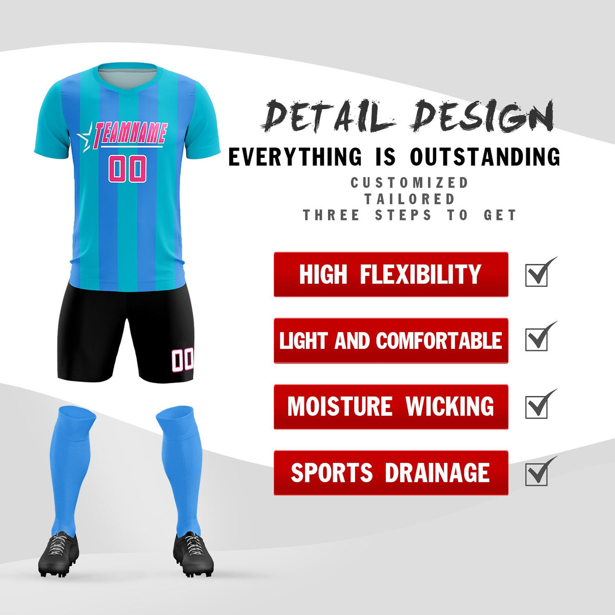 Custom Sky Blue Powder Blue Vertical Stripes Casual Outdoor Soccer Sets Jersey