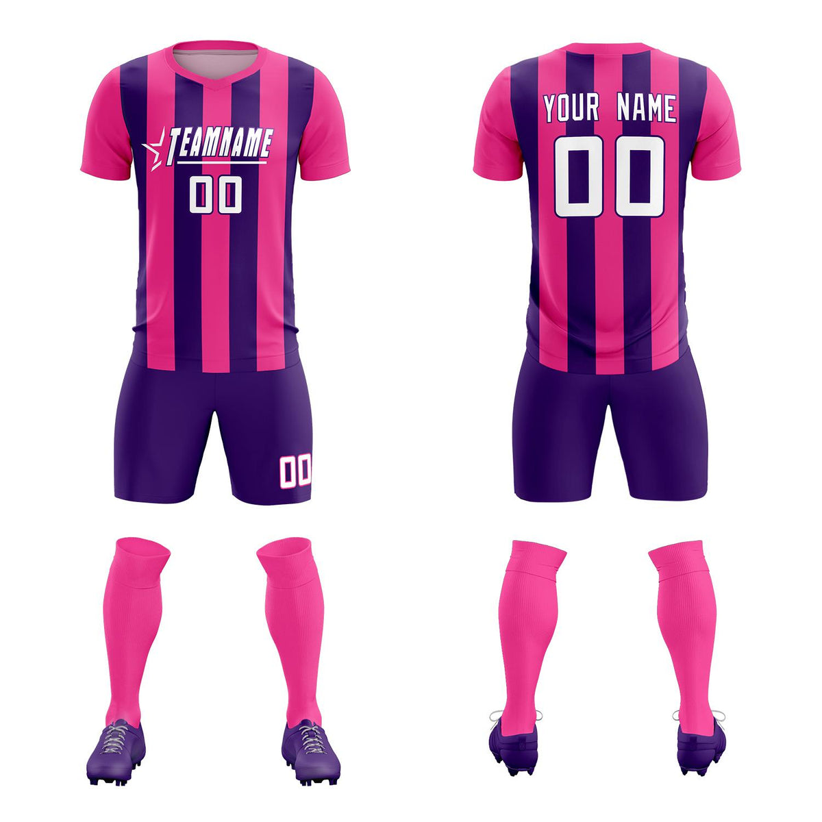 Custom Pink Purple Vertical Stripes Casual Outdoor Soccer Sets Jersey