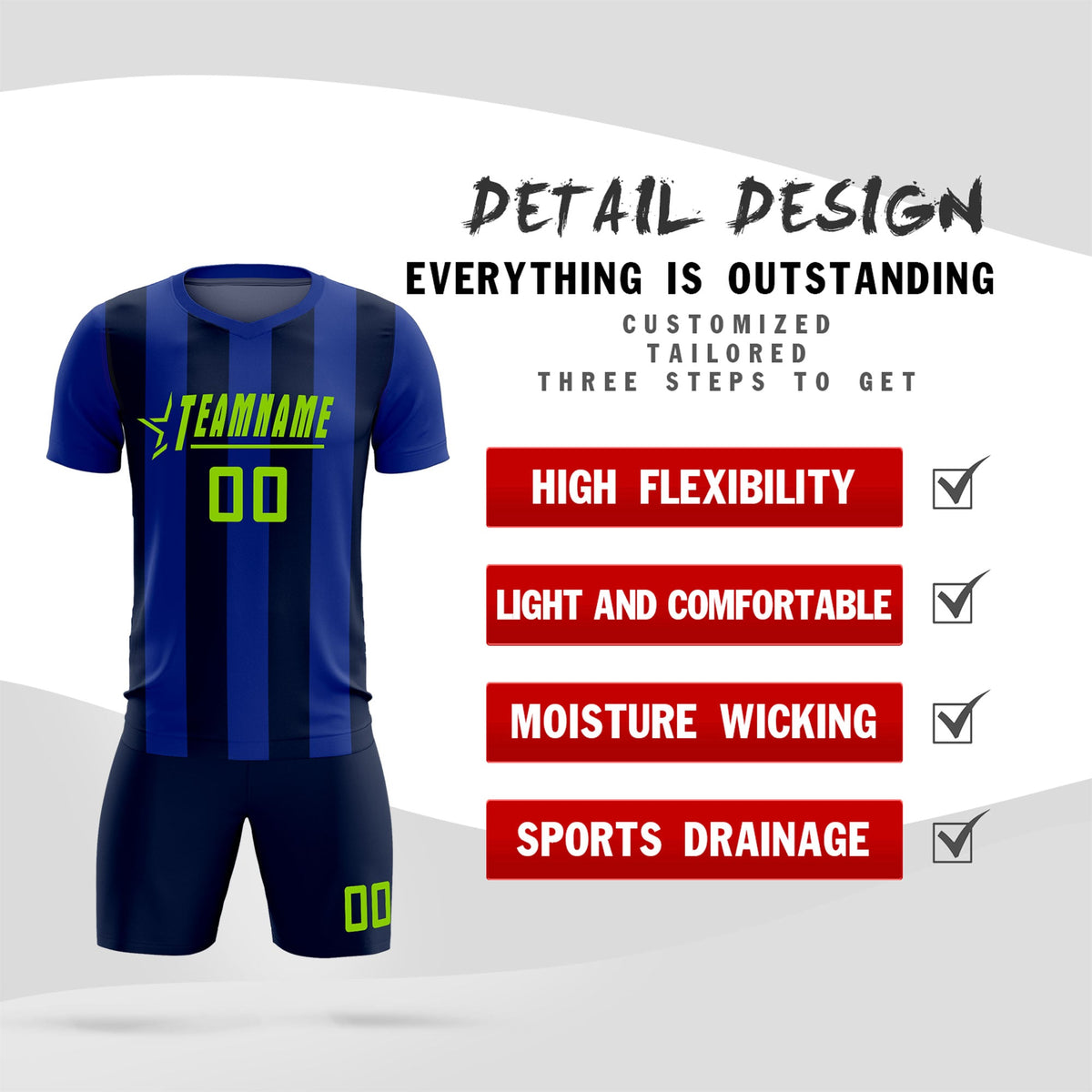 Custom Royal Navy Vertical Stripes Casual Outdoor Soccer Sets Jersey