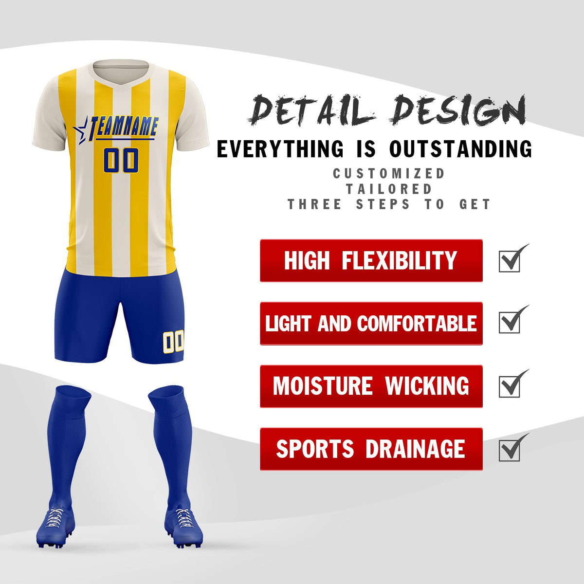 Custom Cream Gold Vertical Stripes Casual Outdoor Soccer Sets Jersey