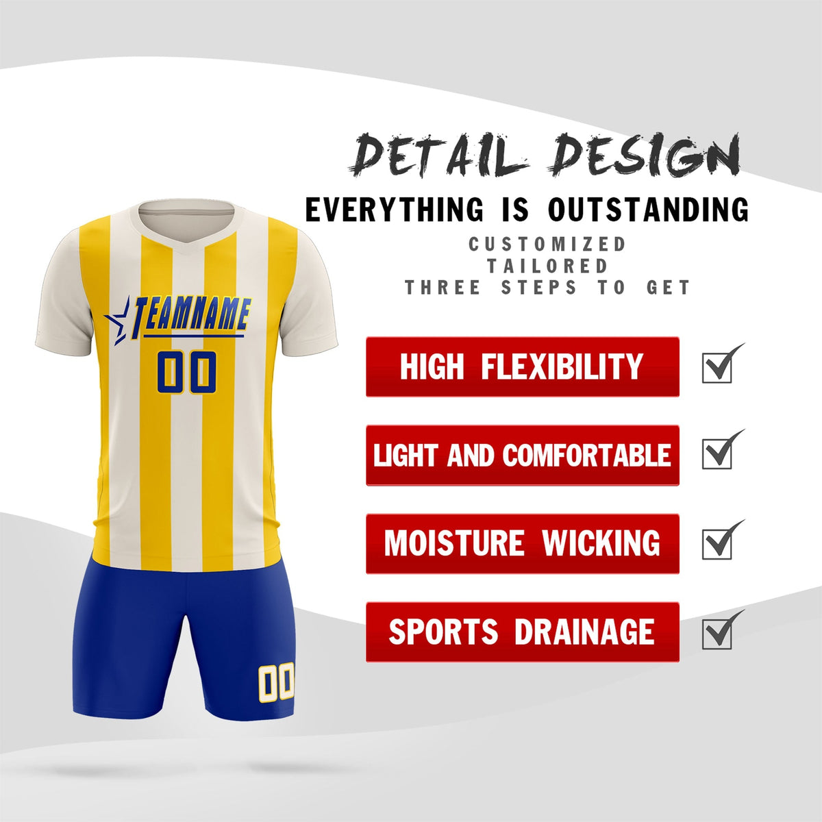 Custom Cream Gold Vertical Stripes Casual Outdoor Soccer Sets Jersey