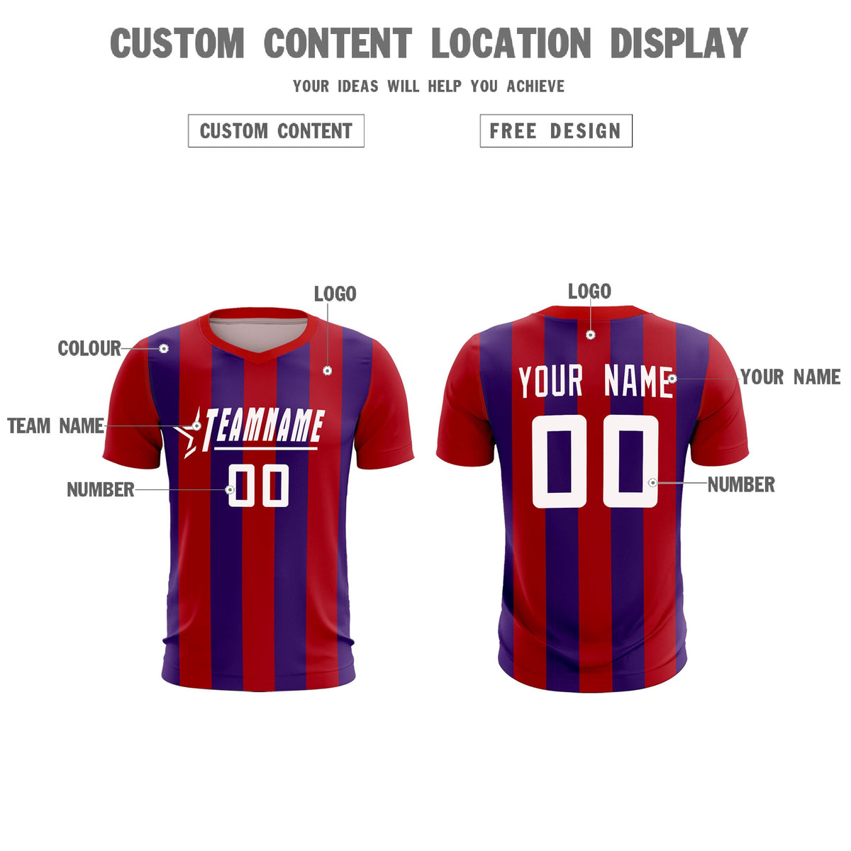 Custom Red Purple Vertical Stripes Casual Outdoor Soccer Sets Jersey