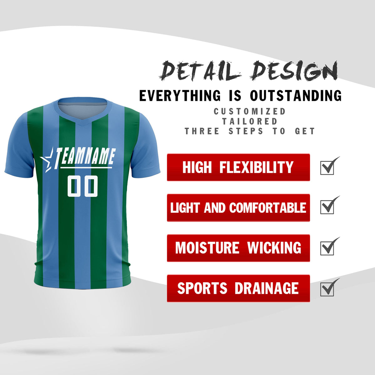 Custom Light Blue Kelly Green Vertical Stripes Casual Outdoor Soccer Sets Jersey
