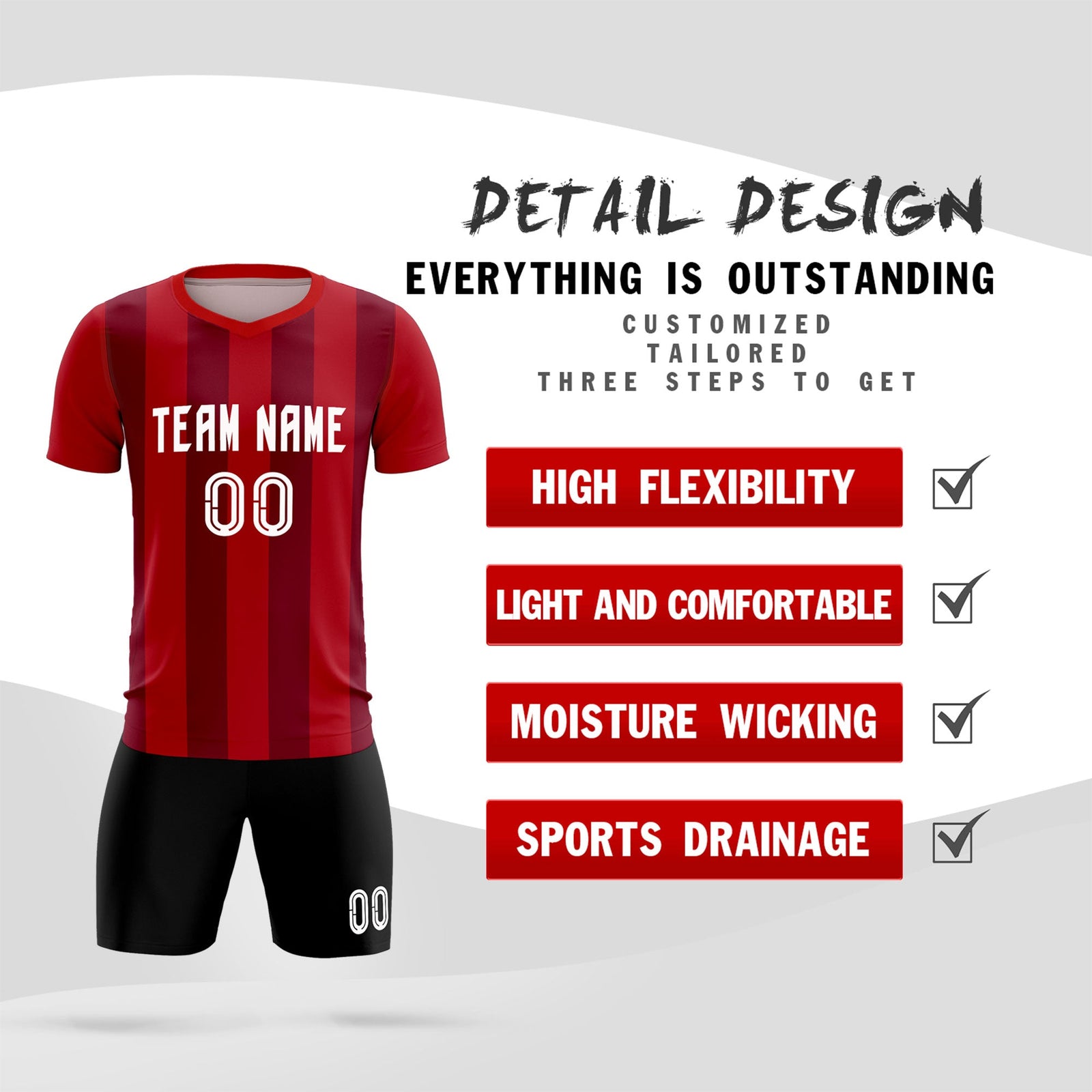 Custom Red Crimson Vertical Stripes Casual Outdoor Soccer Sets Jersey