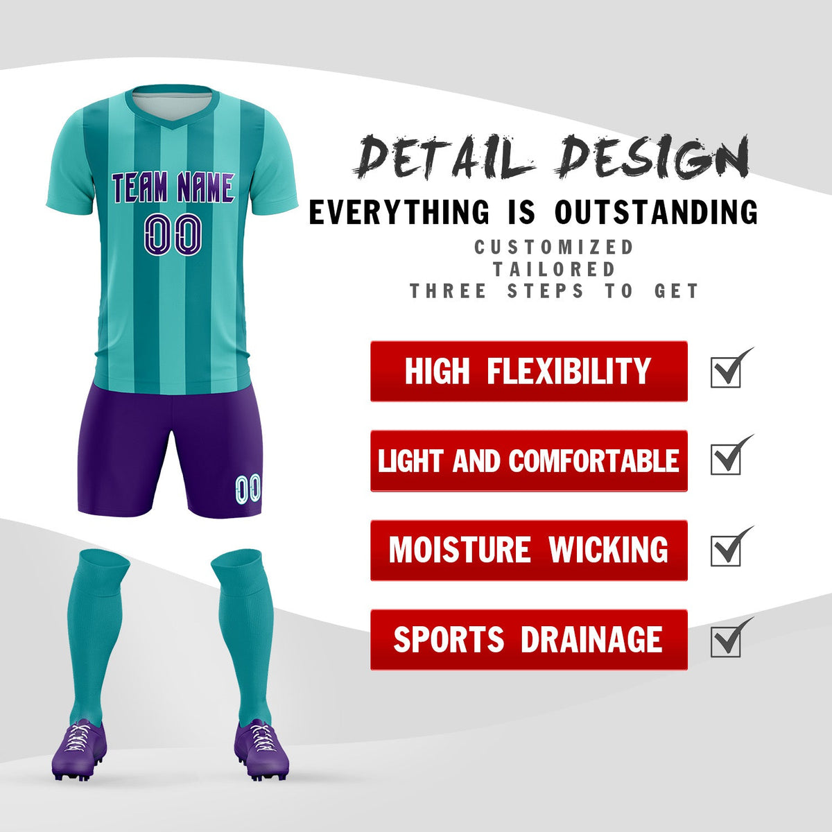 Custom Bright Green Aqua Vertical Stripes Casual Outdoor Soccer Sets Jersey