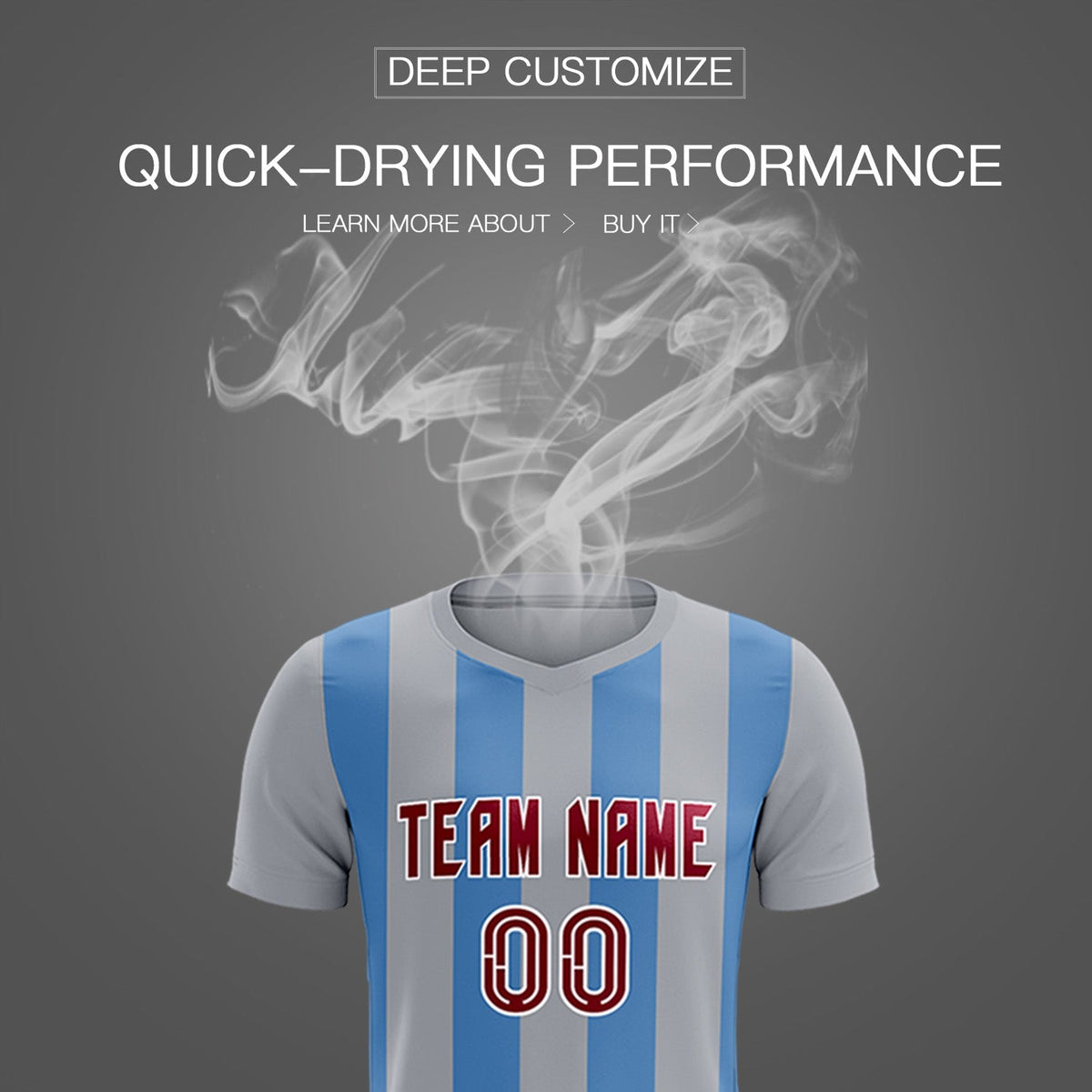 Custom Gray Light Blue Vertical Stripes Casual Outdoor Soccer Sets Jersey