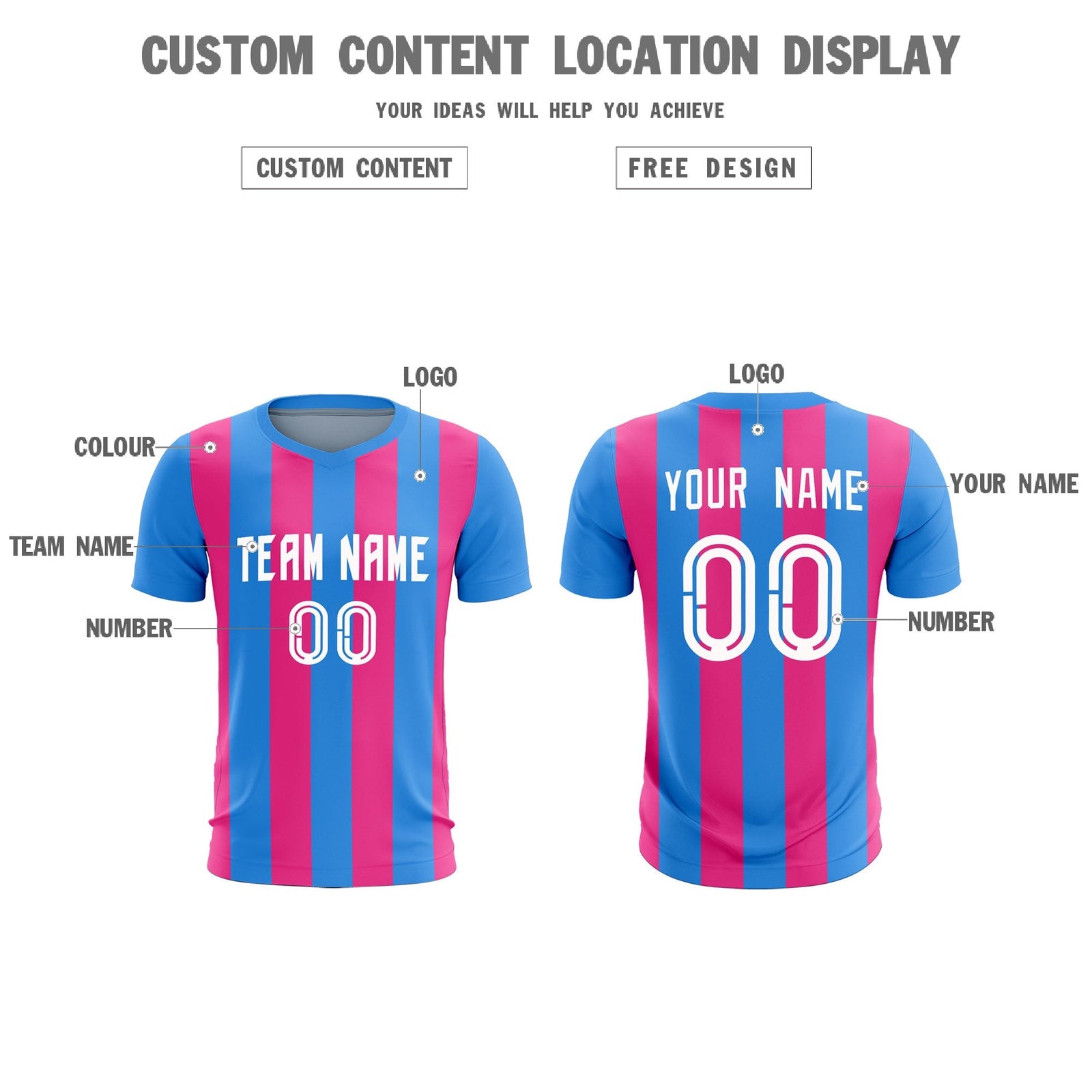 Custom Powder Blue Pink Vertical Stripes Casual Outdoor Soccer Sets Jersey