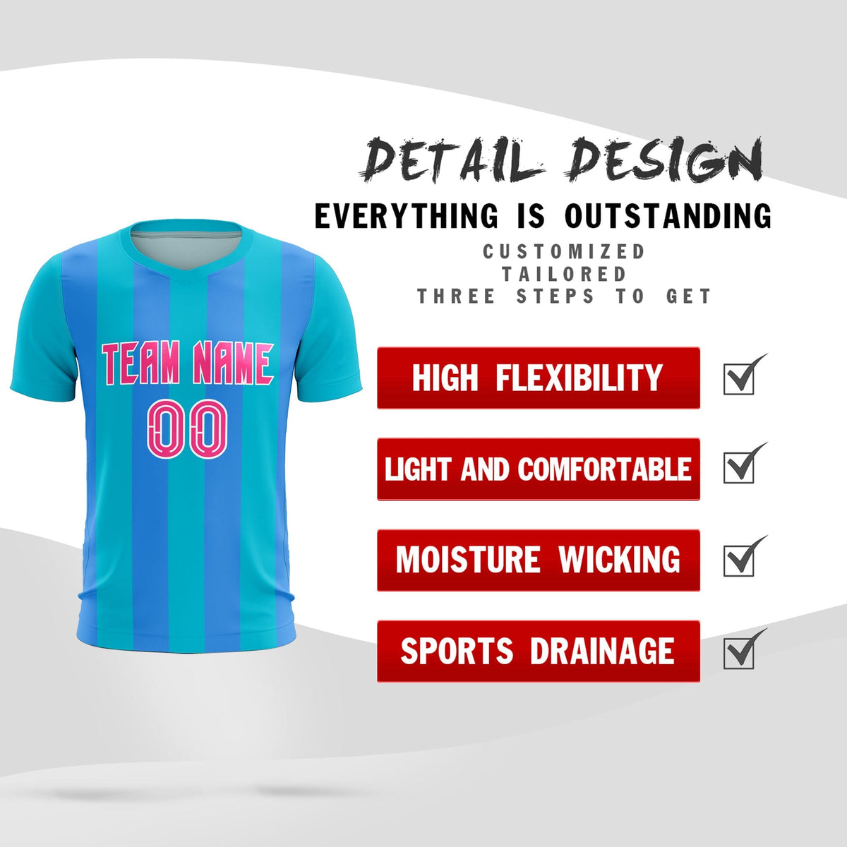 Custom Sky Blue Powder Blue Vertical Stripes Casual Outdoor Soccer Sets Jersey
