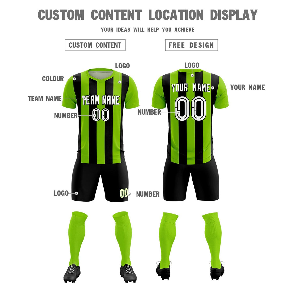 Custom Neon Green Black Vertical Stripes Casual Outdoor Soccer Sets Jersey
