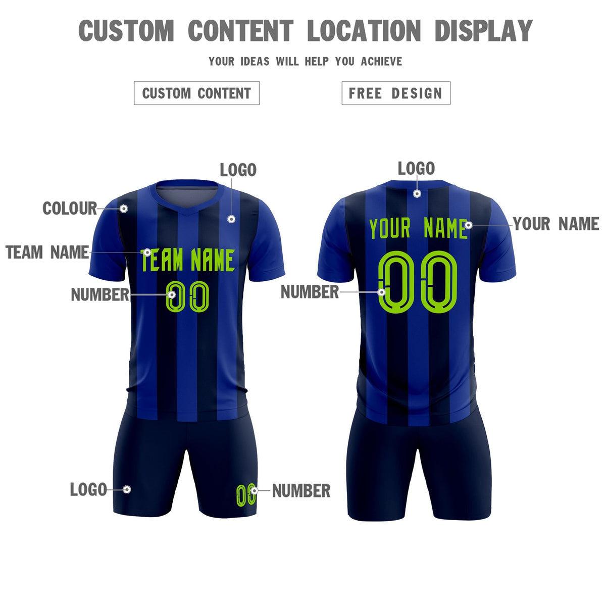 Custom Royal Navy Vertical Stripes Casual Outdoor Soccer Sets Jersey