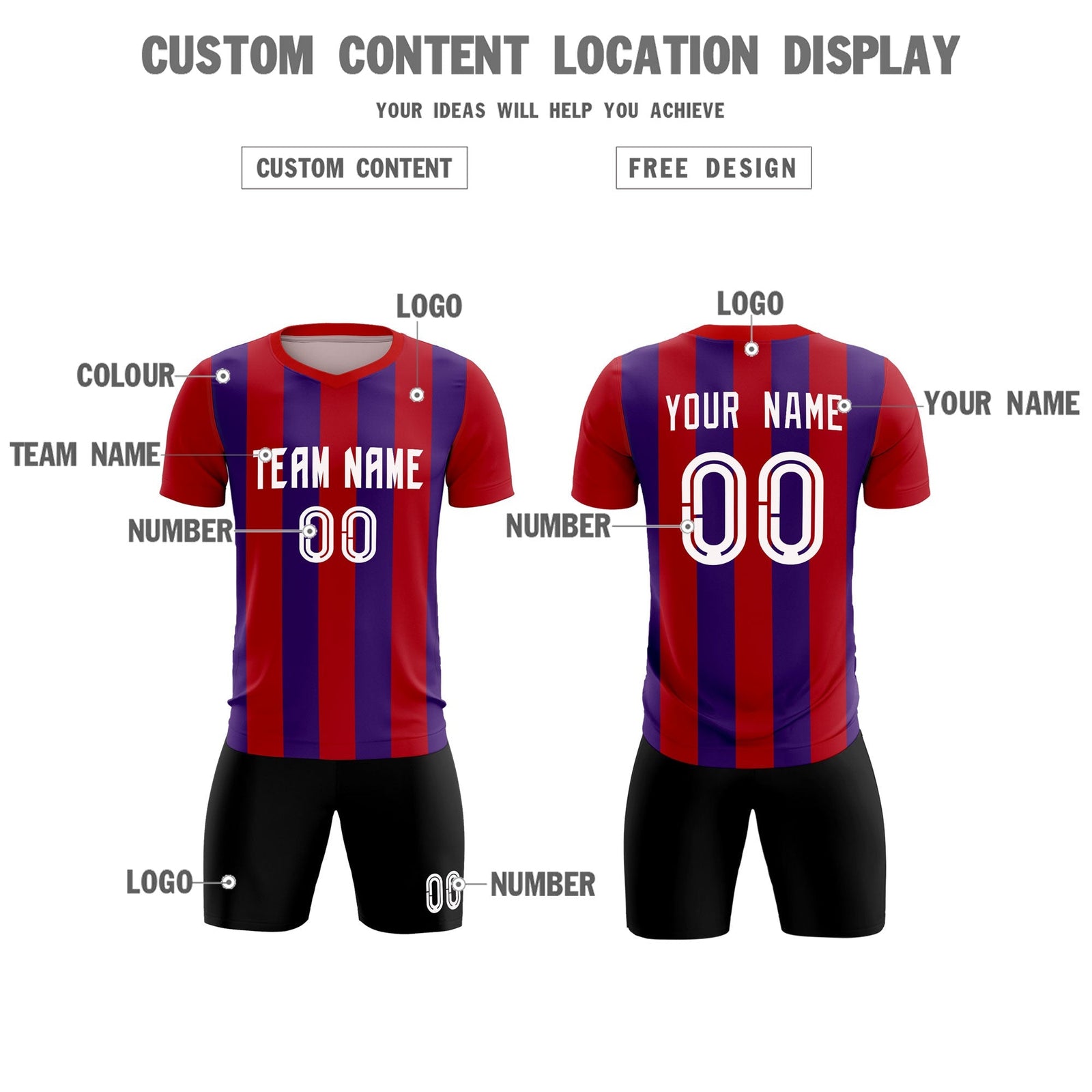 Custom Red Purple Vertical Stripes Casual Outdoor Soccer Sets Jersey