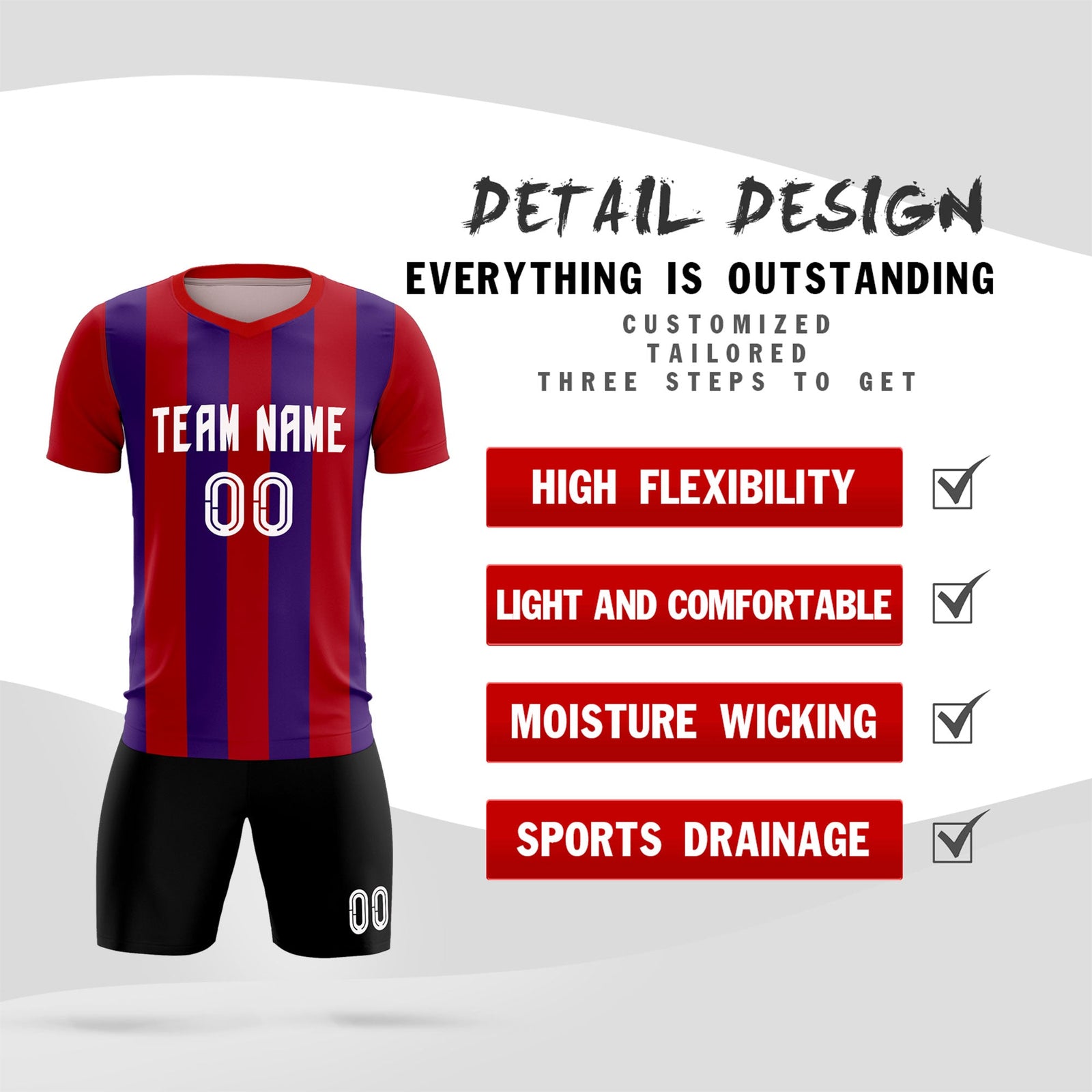 Custom Red Purple Vertical Stripes Casual Outdoor Soccer Sets Jersey