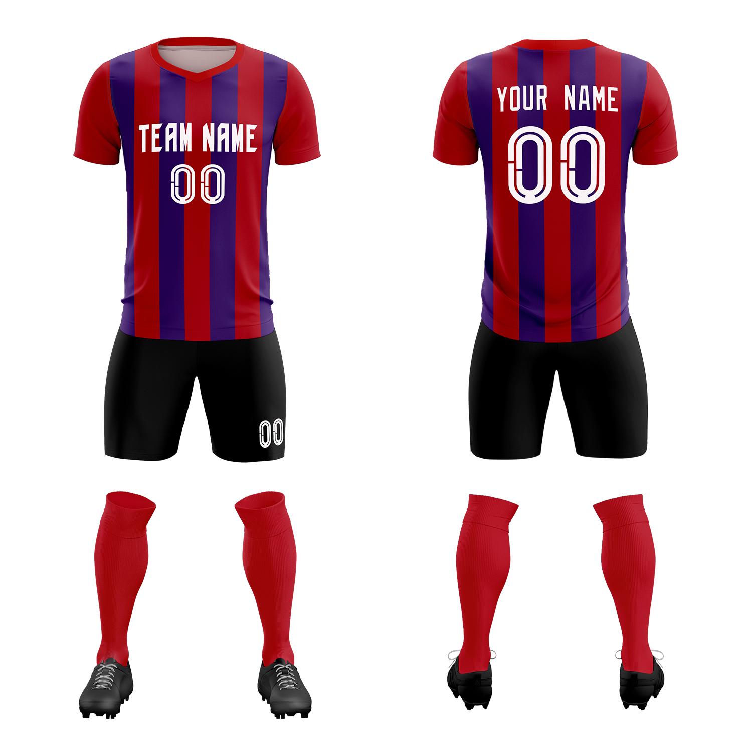 Custom Red Purple Vertical Stripes Casual Outdoor Soccer Sets Jersey