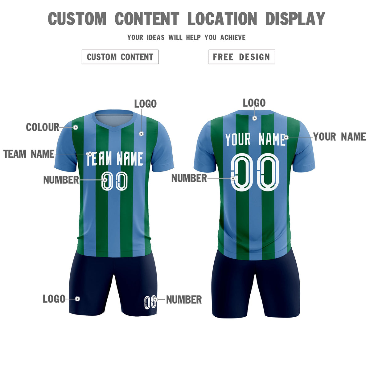 Custom Light Blue Kelly Green Vertical Stripes Casual Outdoor Soccer Sets Jersey