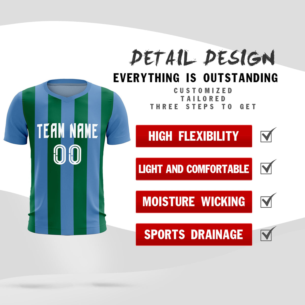 Custom Light Blue Kelly Green Vertical Stripes Casual Outdoor Soccer Sets Jersey