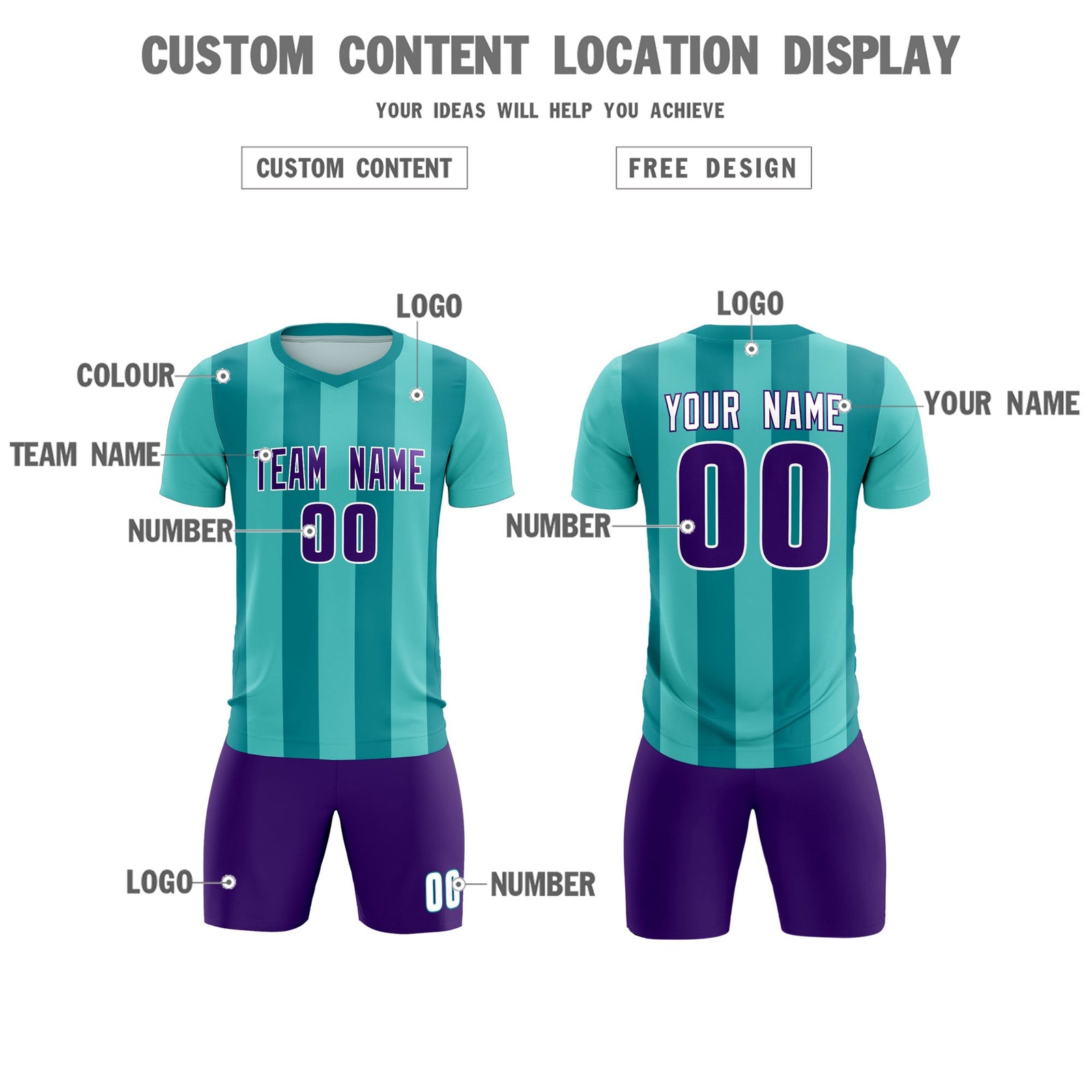 Custom Bright Green Aqua Vertical Stripes Casual Outdoor Soccer Sets Jersey