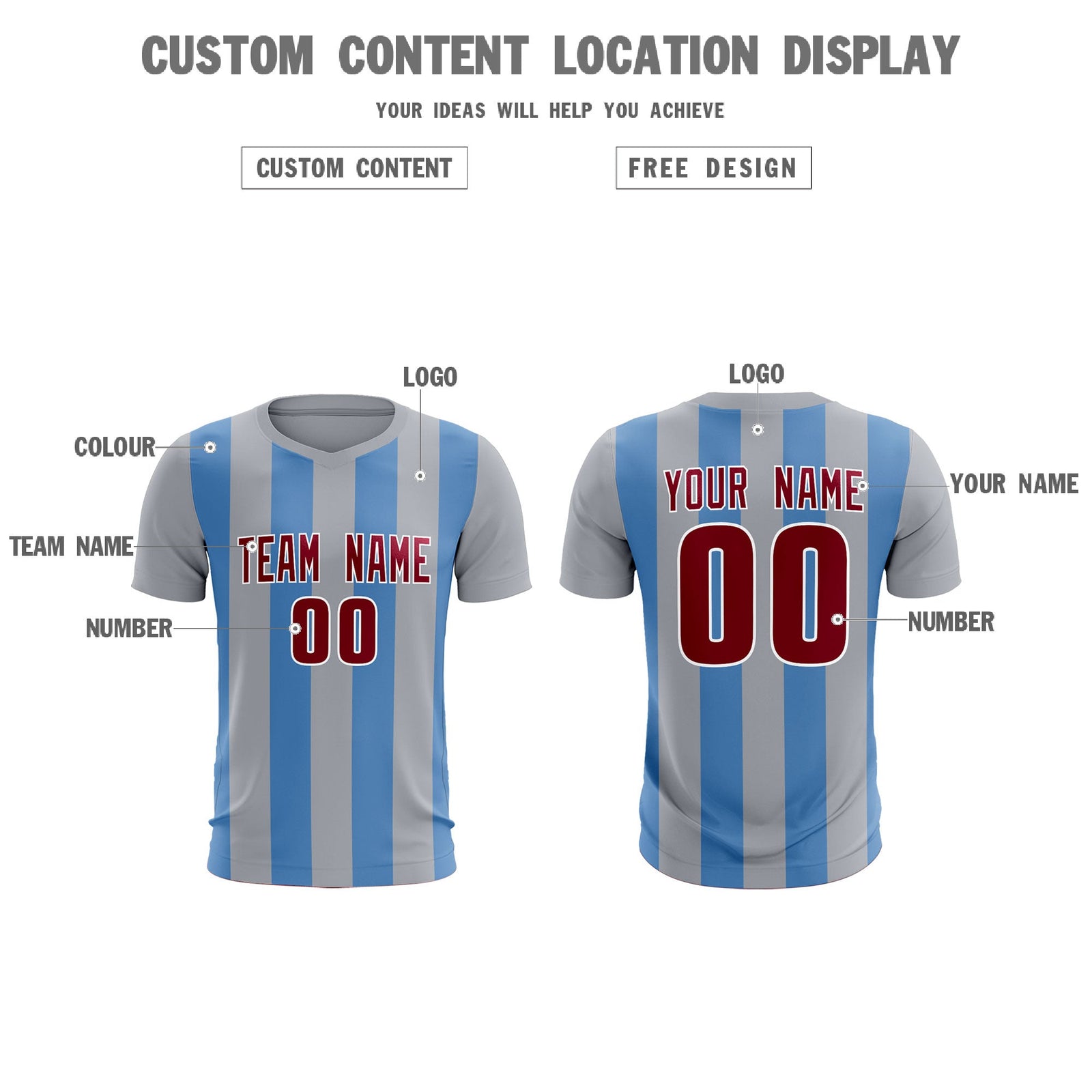 Custom Gray Light Blue Vertical Stripes Casual Outdoor Soccer Sets Jersey