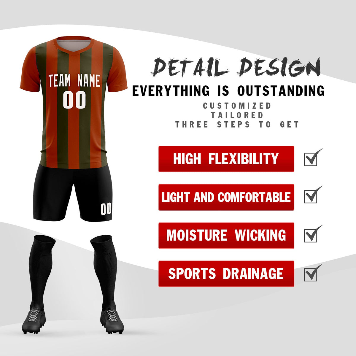 Custom Texas Orange Olive Vertical Stripes Casual Outdoor Soccer Sets Jersey