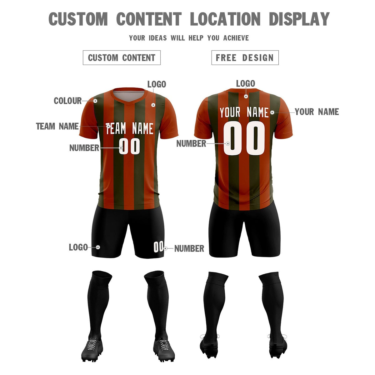 Custom Texas Orange Olive Vertical Stripes Casual Outdoor Soccer Sets Jersey