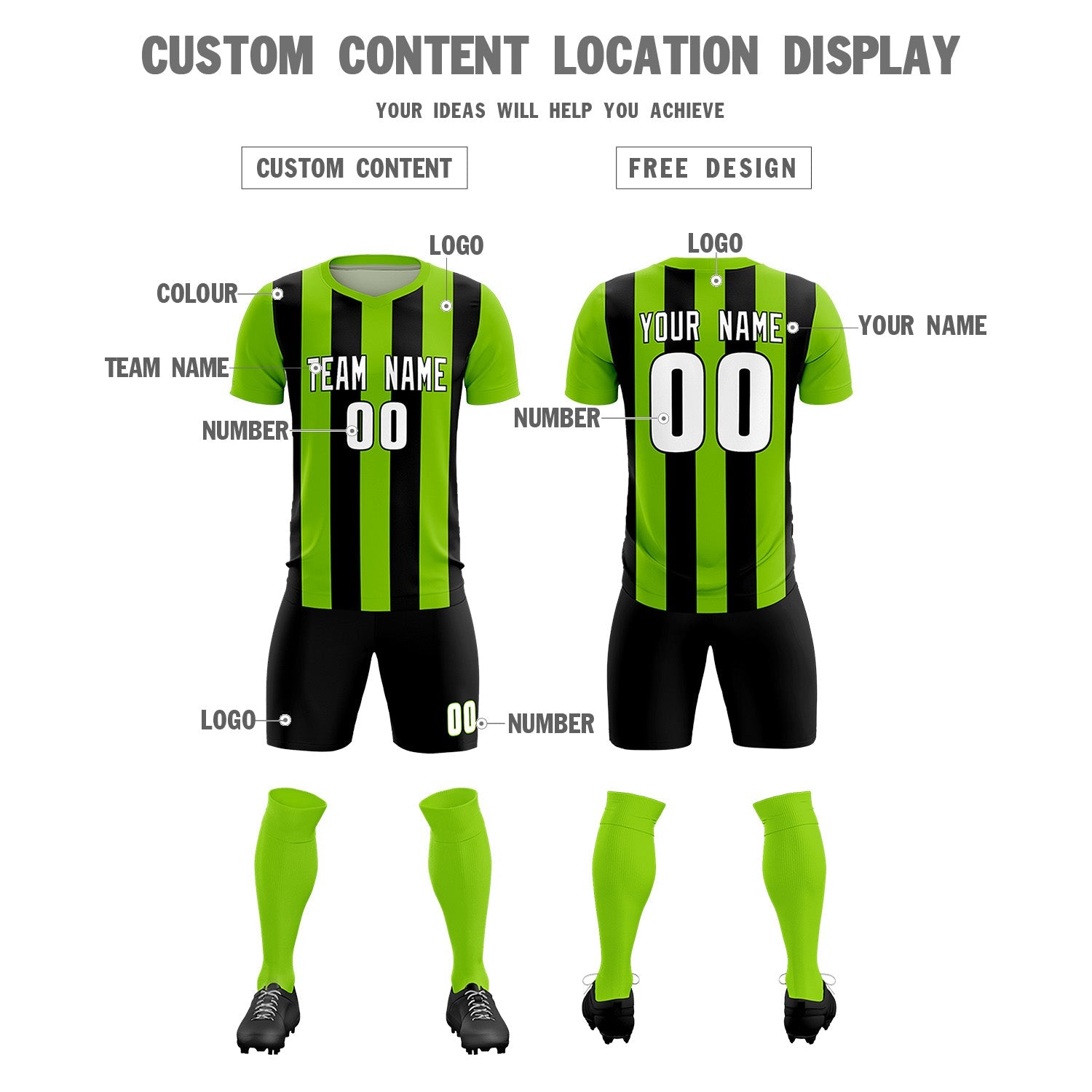 Custom Neon Green Black Vertical Stripes Casual Outdoor Soccer Sets Jersey