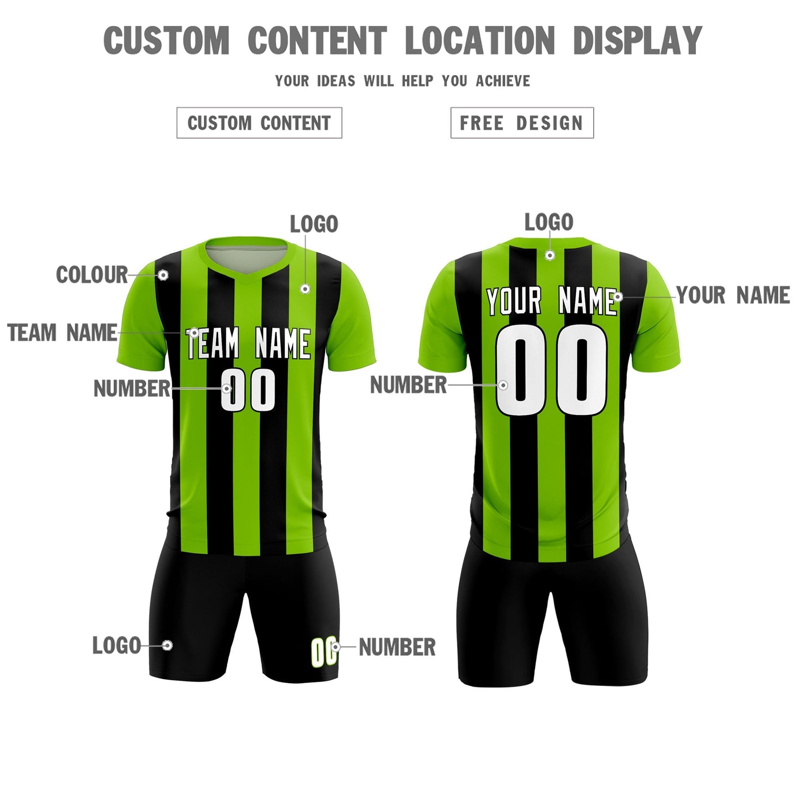 Custom Neon Green Black Vertical Stripes Casual Outdoor Soccer Sets Jersey