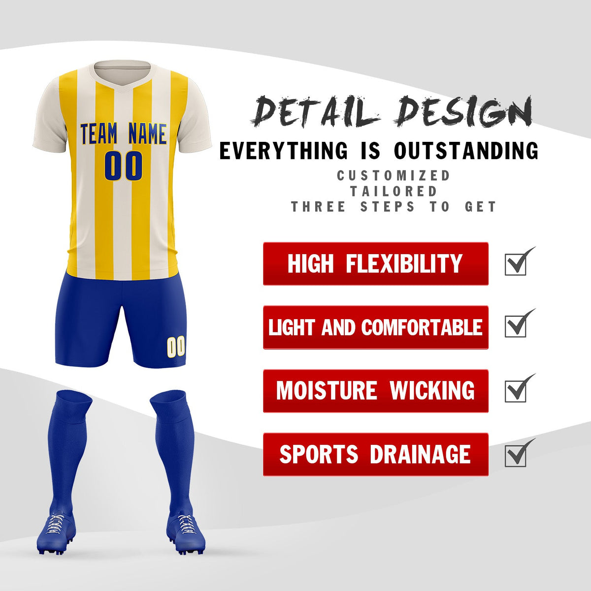 Custom Cream Gold Vertical Stripes Casual Outdoor Soccer Sets Jersey