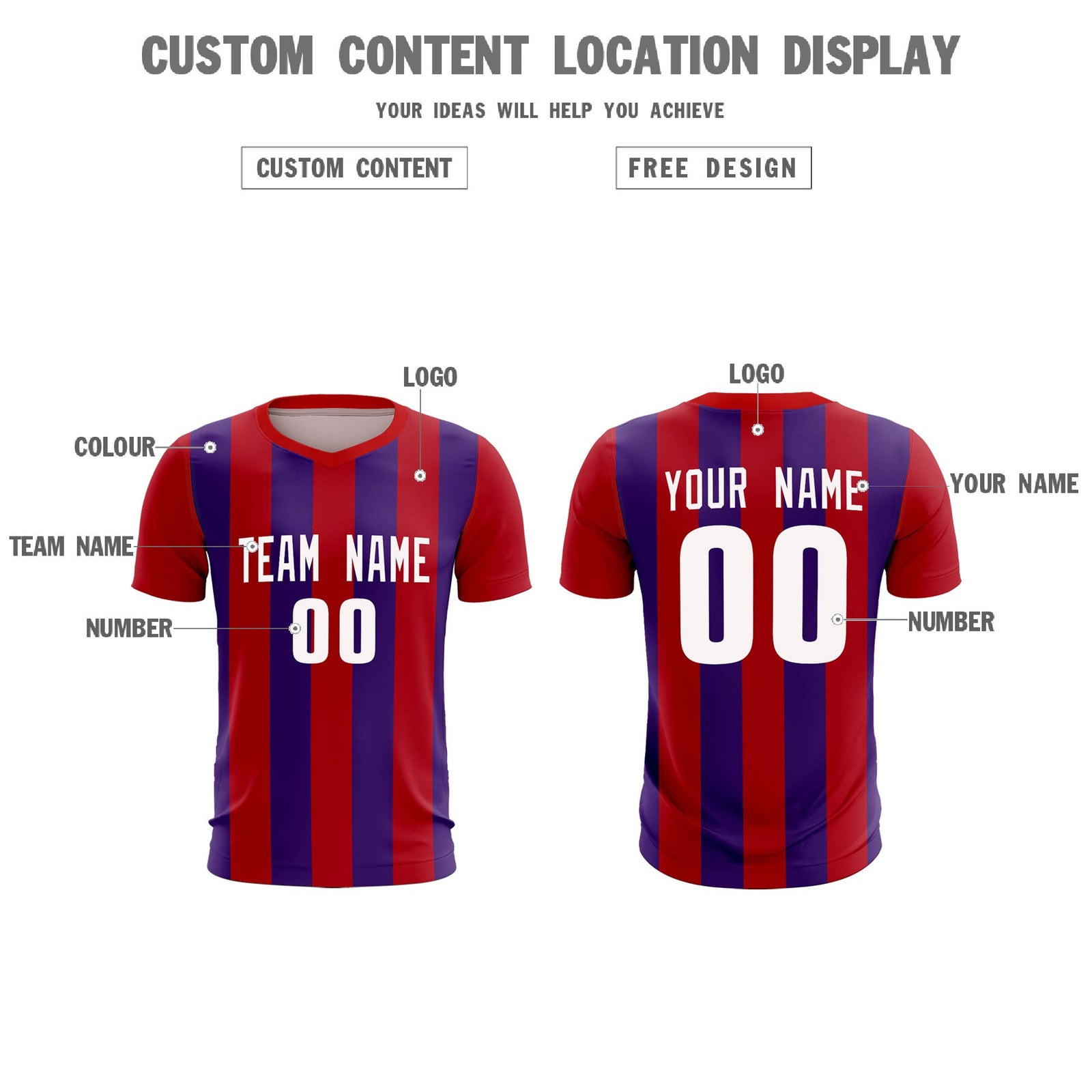 Custom Red Purple Vertical Stripes Casual Outdoor Soccer Sets Jersey