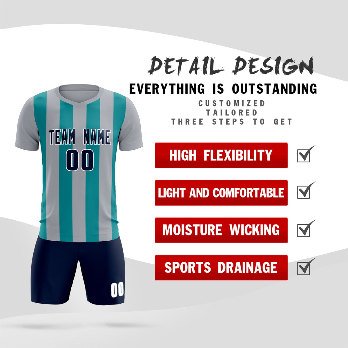 Custom Gray Aqua Vertical Stripes Casual Outdoor Soccer Sets Jersey