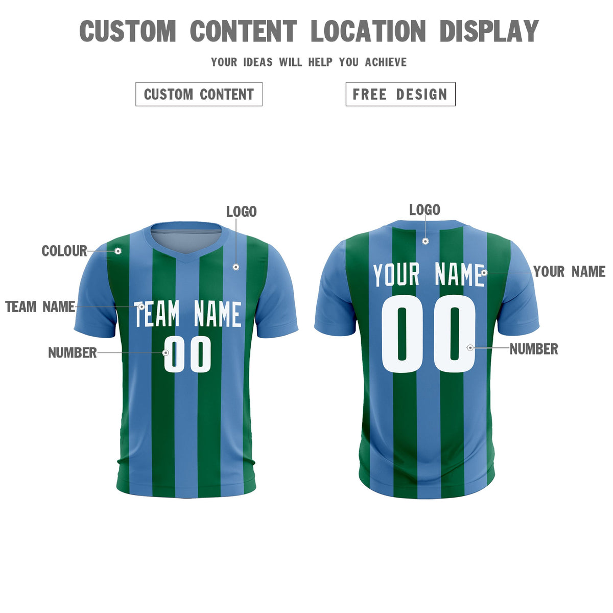 Custom Light Blue Kelly Green Vertical Stripes Casual Outdoor Soccer Sets Jersey